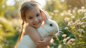 ai generato contento poco ragazza abbracciare un' grande bianca coniglio su il sfondo di un' estate soleggiato giardino foto