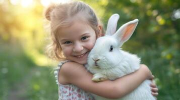 ai generato contento poco ragazza abbracciare un' grande bianca coniglio su il sfondo di un' estate soleggiato giardino foto