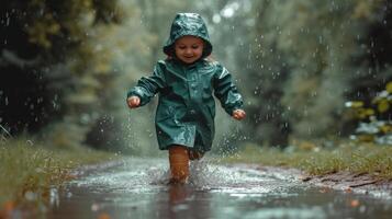 ai generato ritratto di un' poco ragazza nel un' verde impermeabile corre attraverso pozzanghere nel il pioggia foto