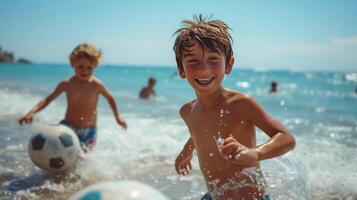 ai generato Due spagnolo ragazzi 10 anni vecchio giocare calcio nel il estate giardino foto