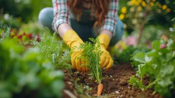 ai generato giovane bellissimo donna. giardiniere impianti carote nel un' giardino letto foto