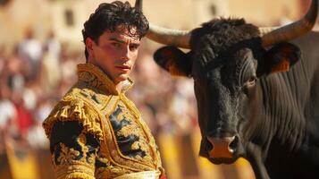 ai generato giovane bello todor esegue a un' corrida foto