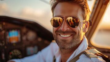 ai generato giovane sorridente pilota nel occhiali da sole seduta a il timone di un aereo foto