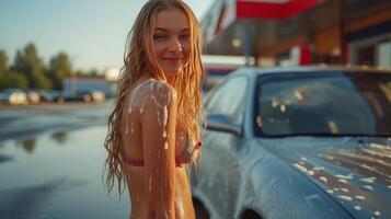 ai generato giovane donna nel bikini lavaggi auto a gas stazione foto