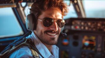 ai generato giovane sorridente pilota nel occhiali da sole seduta a il timone di un aereo foto