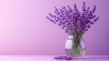 ai generato un' mazzo di lavanda fiori sta nel un' trasparente bicchiere vaso su un' minimalista luminosa sfondo foto