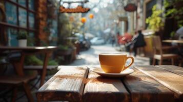 ai generato un' tazza di cappuccino nel un' strada bar foto