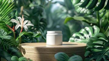 ai generato un' bianca vaso di cosmetico Prodotto sta su un' di legno podio nel il mezzo di un' tropicale foresta foto