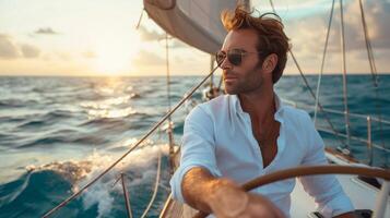 ai generato un' giovane bello uomo vele su un' lusso yacht nel il oceano foto