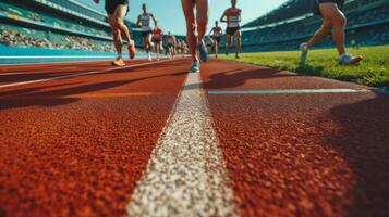 ai generato atleti corridori correre su per il finire linea a il stadio foto