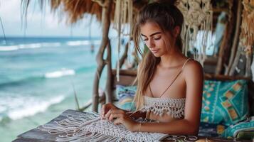 ai generato un' giovane donna nel un' estate biancheria prendisole tesse macramé mentre seduta nel un' capanna su il oceano riva foto