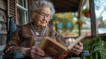 ai generato un anziano donna legge un' libro mentre seduta nel un' sedia a rotelle su il veranda di un americano Casa foto