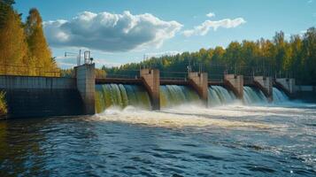 ai generato bellissimo sfondo con un' acqua hydro stazione su il fiume. soleggiato estate giorno foto