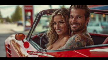 ai generato bellissimo coppia con tatuaggi seduta nel un' rosso gli sport auto a un' gas stazione foto