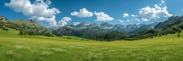 ai generato bellissimo foto con infinito alpino verde prati e montagne nel il sfondo