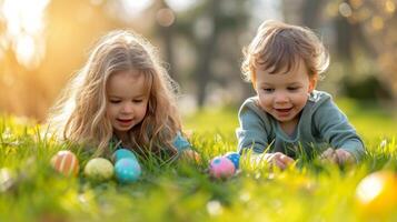 ai generato allegro bambini siamo guardare per colorato Pasqua uova nel il luminosa verde erba su un' soleggiato giorno foto