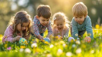 ai generato allegro bambini siamo guardare per colorato Pasqua uova nel il luminosa verde erba su un' soleggiato giorno foto