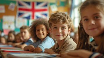 ai generato bambini siamo seduta nel un' scuola aula foto