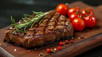 ai generato delizioso grigliato Manzo bistecca con ciliegia pomodori e un' rametto di rosmarino foto