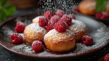 ai generato fresco fritte cheesecake cosparso con in polvere zucchero e lamponi foto