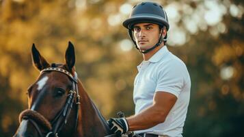 ai generato bello giovane coraggioso polo giocatore equitazione un' cavallo foto