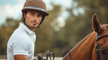 ai generato bello giovane coraggioso polo giocatore equitazione un' cavallo foto