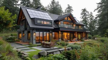 ai generato moderno inglese stile Casa con solare pannelli su il tetto foto