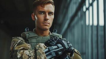 ai generato giovane bello militare uomo con bionico protesico braccio foto