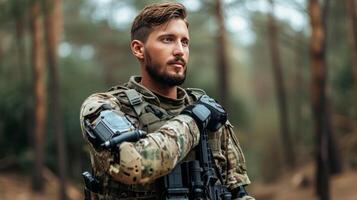 ai generato giovane bello militare uomo con bionico protesico braccio foto