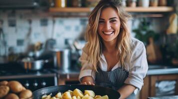 ai generato giovane donna peeling patate nel il cucina mentre seduta su un' sgabello e sorridente foto