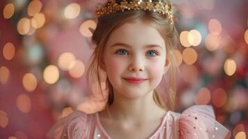 ai generato un' bellissimo 10 anni ragazza nel un' rosa vestito e un' oro corona su sua testa sembra a il telecamera, sorridente foto