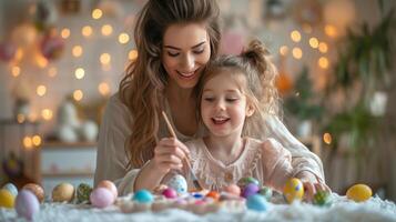 ai generato un' bellissimo 10 anni ragazza vernici Pasqua uova con sua madre foto