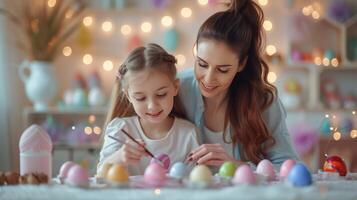 ai generato un' bellissimo 10 anni ragazza vernici Pasqua uova con sua madre foto