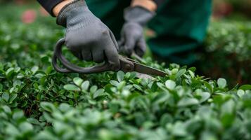 ai generato un' giovane bello giardiniere finiture un' bosso cespuglio con grande giardino forbici foto