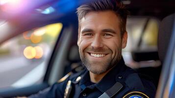ai generato bello giovane americano polizia ufficiale seduta nel il suo auto e sorridente mentre guardare a il telecamera foto