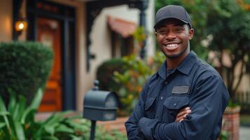 ai generato bello giovane postino sta sorridente e guardare a il telecamera vicino un' classico americano Casa con un' cassetta postale foto