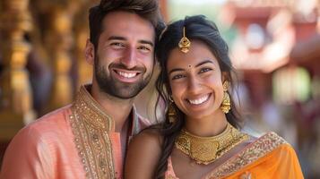 ai generato contento bellissimo e indiano coppia sorridente guardare a telecamera mentre in piedi contro sfocato indiano foto