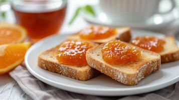 ai generato crostini con arancia marmellata diffusione bugie su un' bianca piatto foto