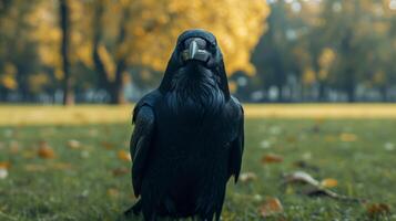 ai generato un' grande nero Corvo si siede e sembra a il telecamera foto