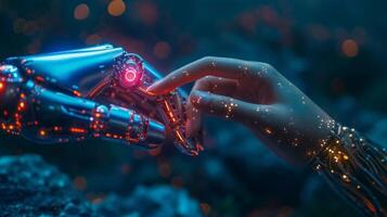 ai generato un' umano mano tocchi un' di robot mano su un' buio blu tecnologico neon sfondo foto