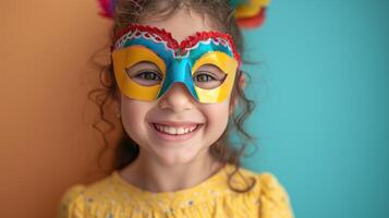 ai generato un' cinque anni ragazza indossare un' carnevale maschera ride e sembra a il telecamera su un' minimalista luminosa sfondo foto