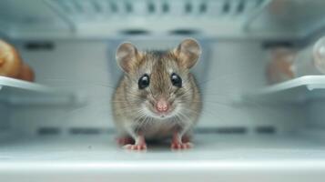 ai generato un' piccolo grigio topo con grande occhi si siede su un vuoto frigorifero mensola e sembra a il telecamera foto