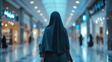 ai generato un' giovane bellissimo arabo donna nel un' nero abaya passeggiate attraverso un' grande shopping centro foto