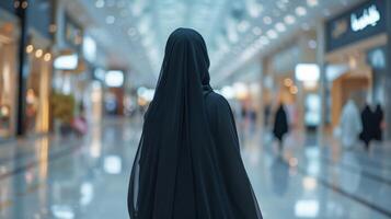 ai generato un' giovane bellissimo arabo donna nel un' nero abaya passeggiate attraverso un' grande shopping centro foto