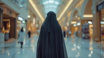 ai generato un' giovane bellissimo arabo donna nel un' nero abaya passeggiate attraverso un' grande shopping centro foto