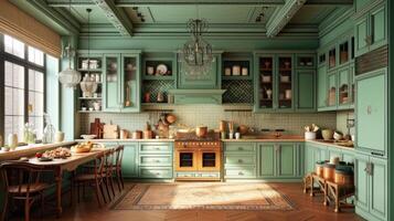 ai generato bellissimo verde cucina nel un' classico stile foto