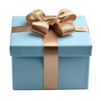 ai generato blu regalo scatola con oro seta arco su isolato bianca sfondo foto