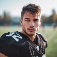 ai generato bello calcio giocatore in posa guardare a il telecamera mentre in piedi su il calcio campo foto