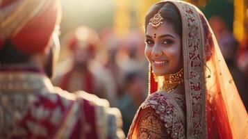 ai generato indiano nozze. giovane bellissimo sposa e sposo nel nazionale indiano costumi foto