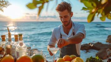 ai generato giovane bello barista fabbricazione un' Martini cocktail su il spiaggia foto